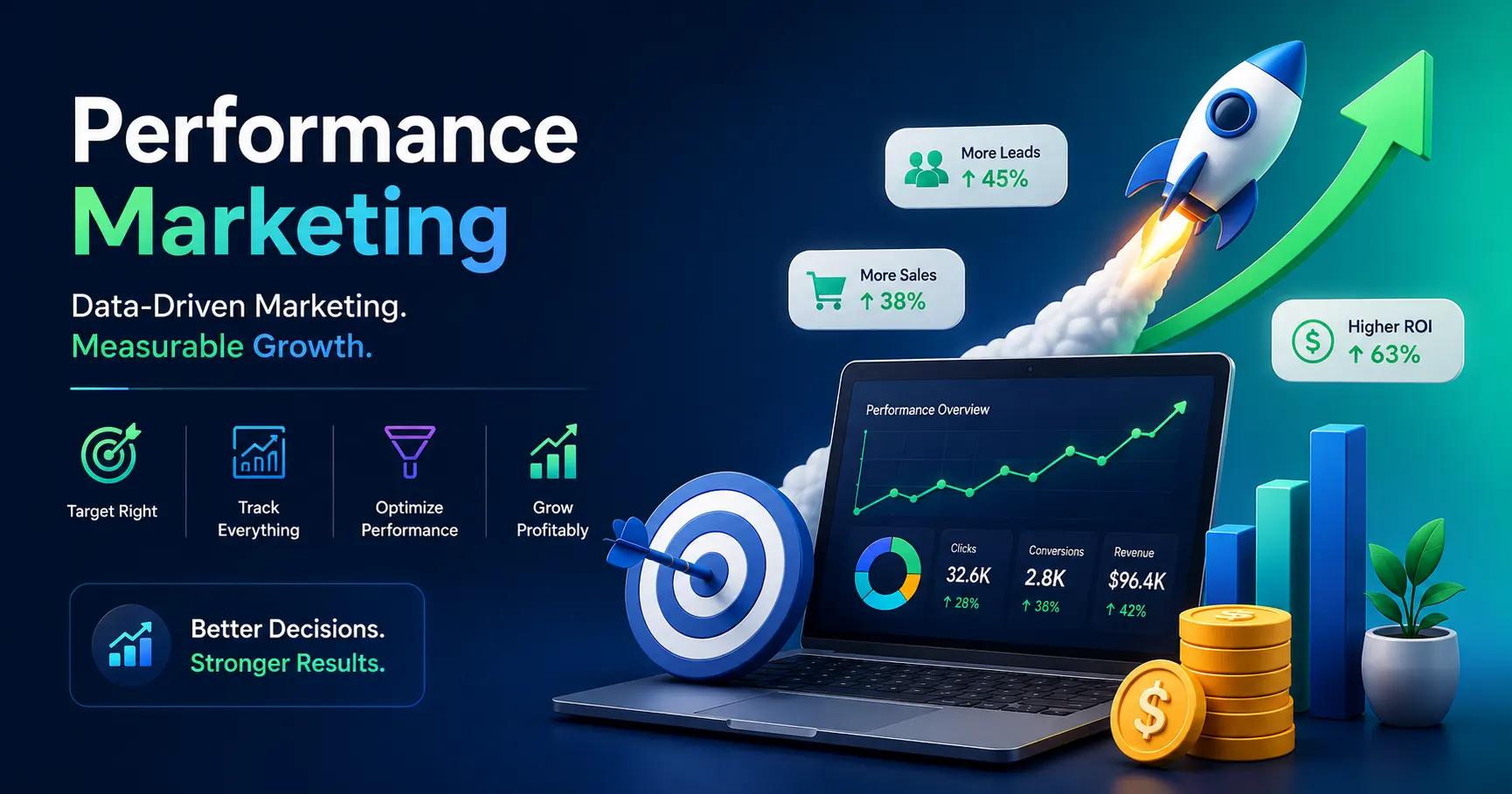 Performance marketing dashboard with analytics, business growth, conversion tracking, and ROI optimization.