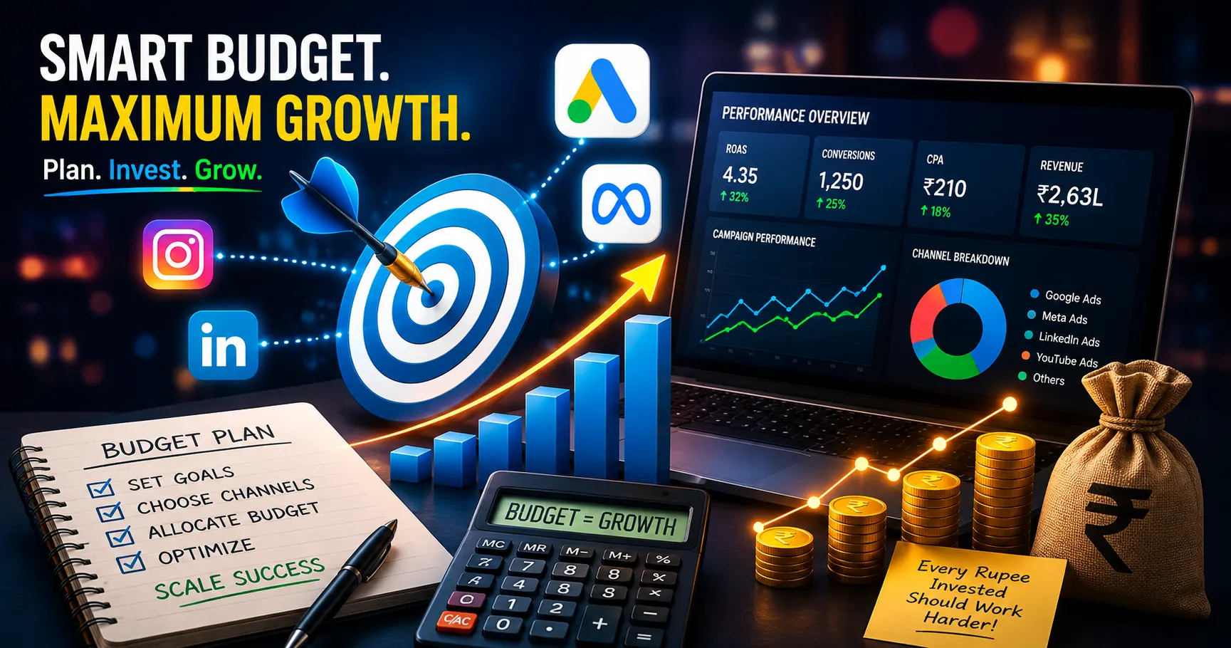 Illustration of a laptop displaying a performance marketing dashboard with advertising analytics, budget planning.