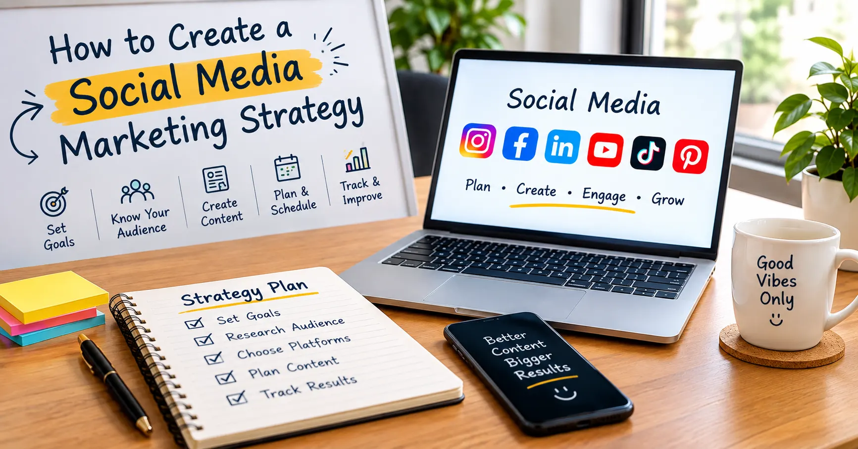 Realistic social media marketing strategy workspace with a laptop, strategy notebook, smartphone, whiteboard, social media ic