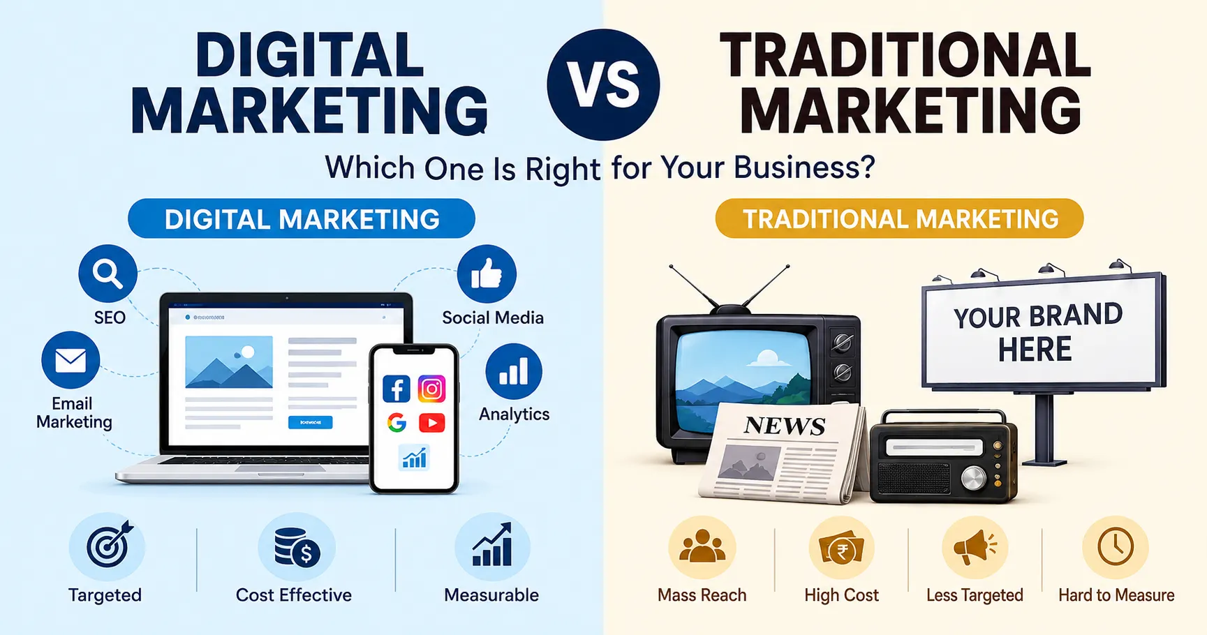 Digital Marketing vs Traditional Marketing showing SEO, social media, email, TV, newspaper, radio and billboard advertising