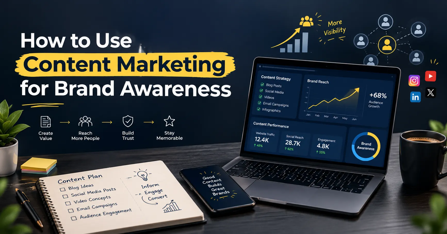 Content marketing strategy for building brand awareness, increasing online visibility, reaching the target audience, and stre