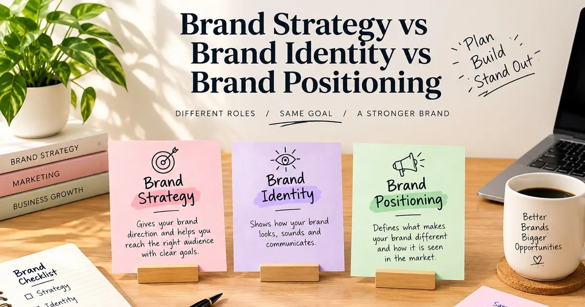 Brand strategy, identity and positioning explained through a visual comparison showing their roles in building a strong brand