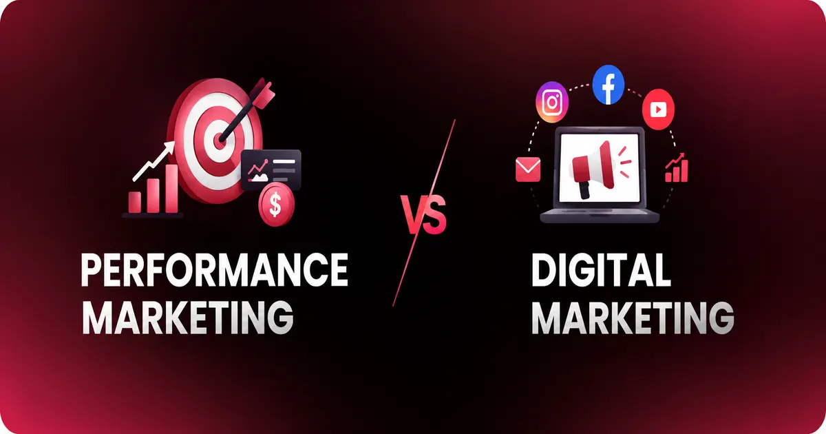 Performance marketing vs digital marketing comparison showing measurable results, online channels, ads, SEO, and campaign go