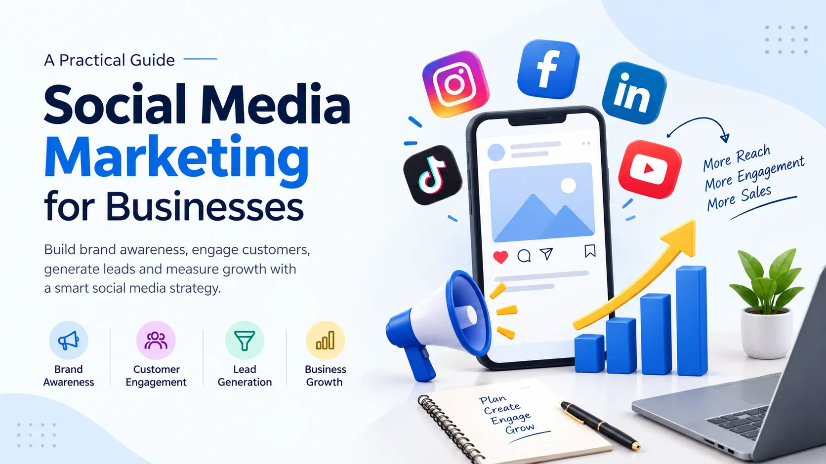 Social media marketing strategy for businesses showing social platforms, customer engagement, lead generation and business gr