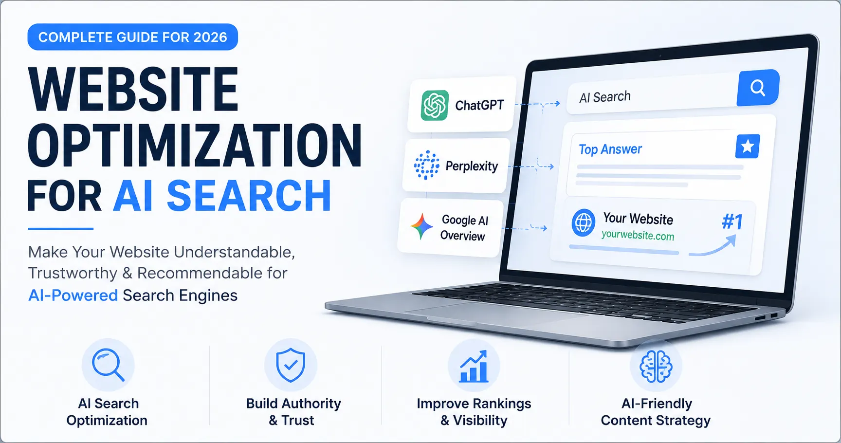 Website Optimization for AI Search infographic showing AI-powered search, content optimization, authority, and rankings.