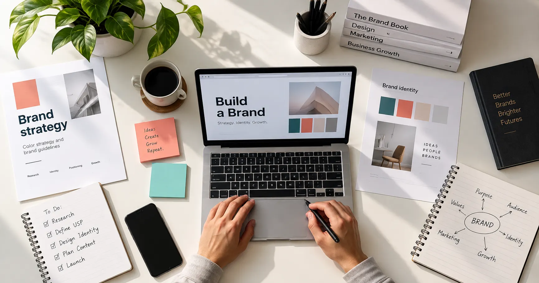 Business branding strategy workspace with brand identity, colour palettes, laptop, creative planning and brand guidelines vie