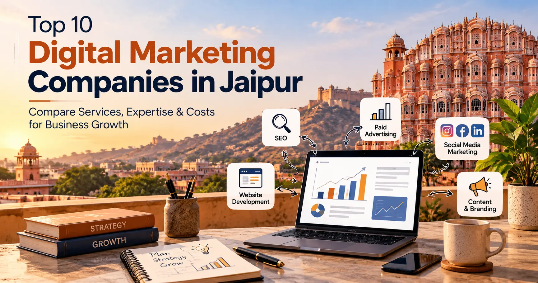 Top 10 digital marketing companies in Jaipur with Hawa Mahal backdrop, marketing service icons, and analytics dashboard
