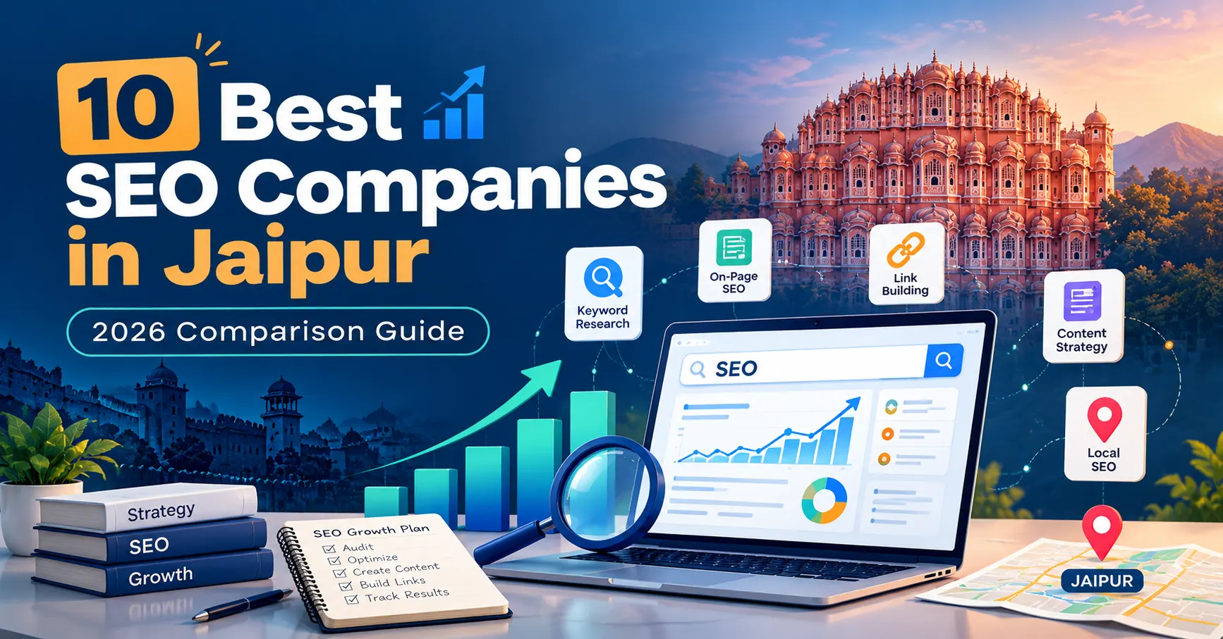 10 best SEO companies in Jaipur for 2026, featuring SEO analytics, keyword research, and local SEO illustrations.