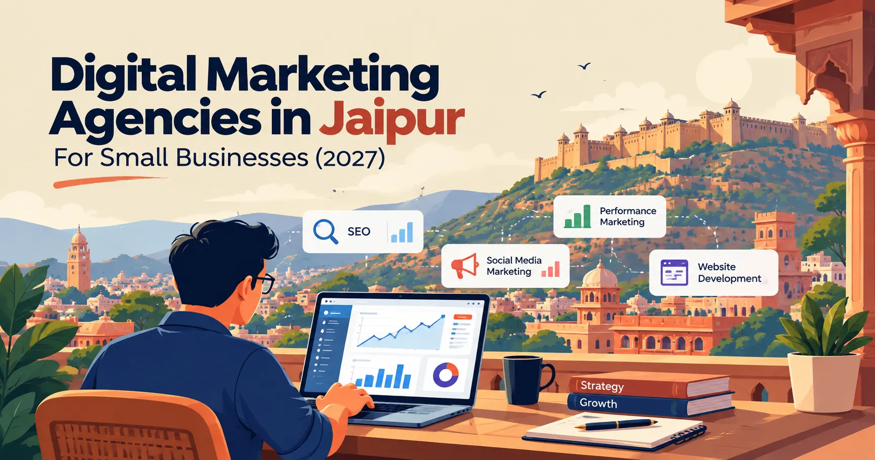 Digital marketing agencies in Jaipur illustration with analytics, SEO, social media, and website development