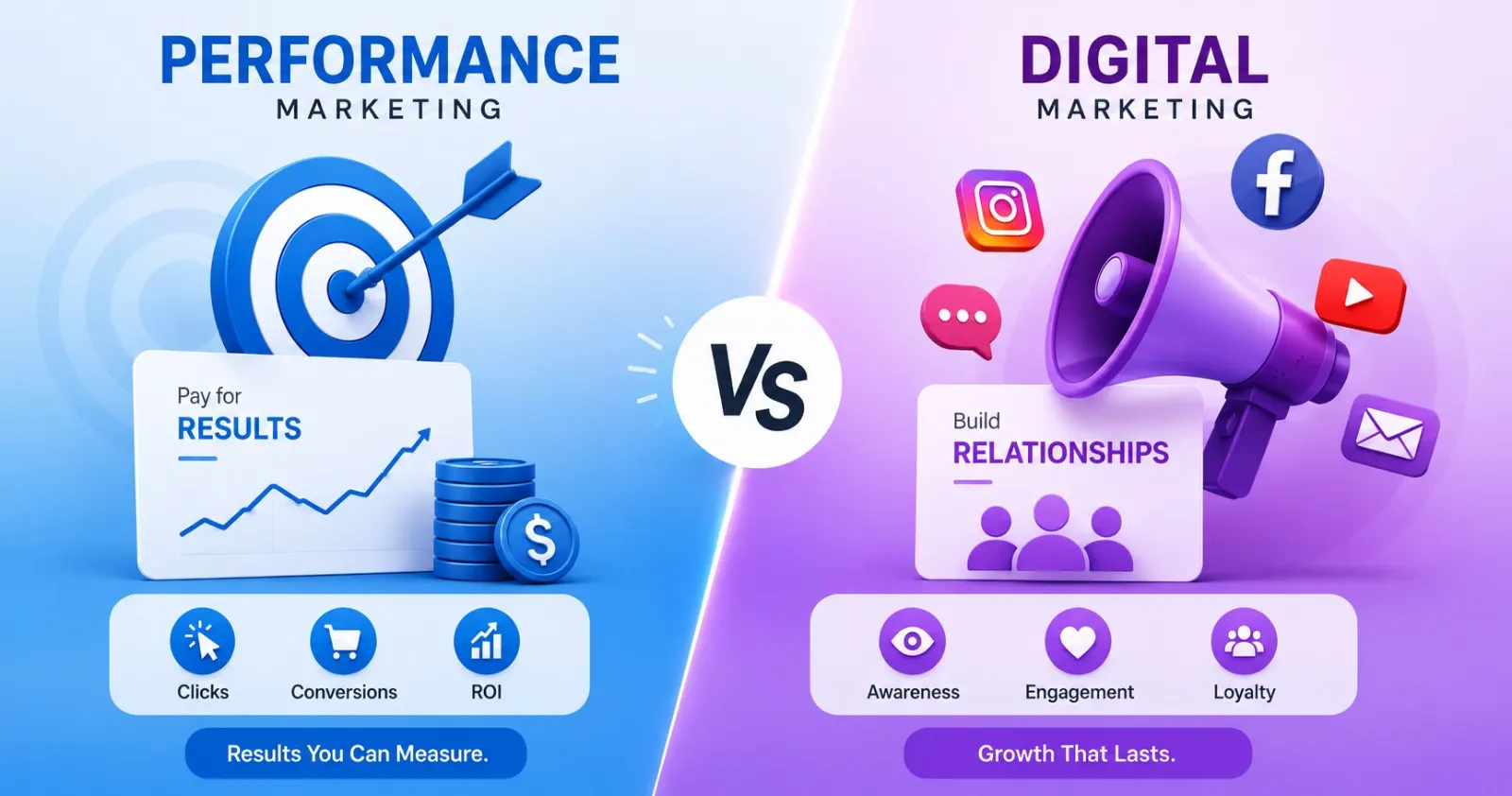 Digital Marketing vs Performance Marketing comparison showing results-driven marketing vs brand -building strategies