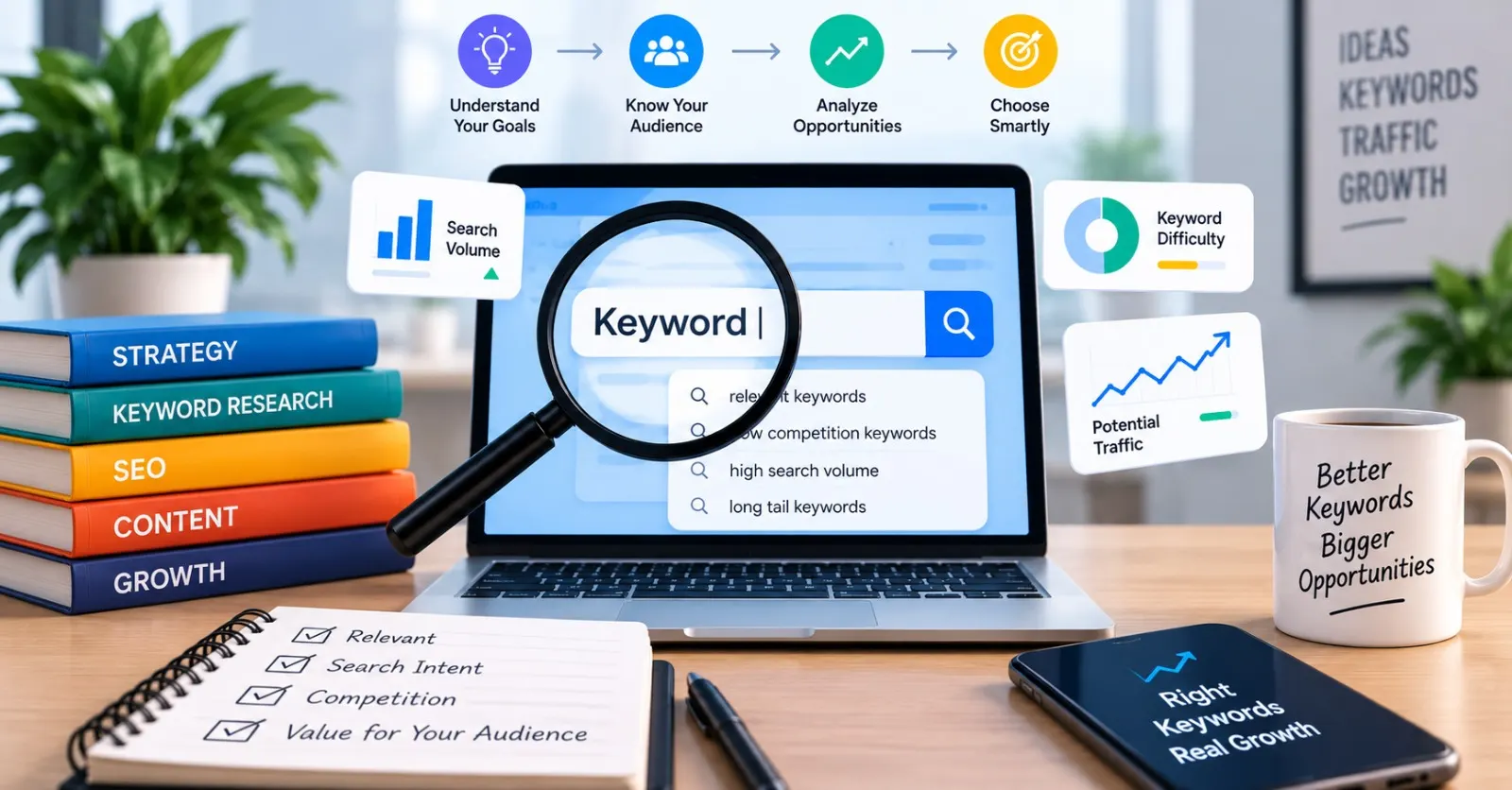“Keyword research process showing audience analysis, search volume, keyword difficulty, search intent, and SEO 