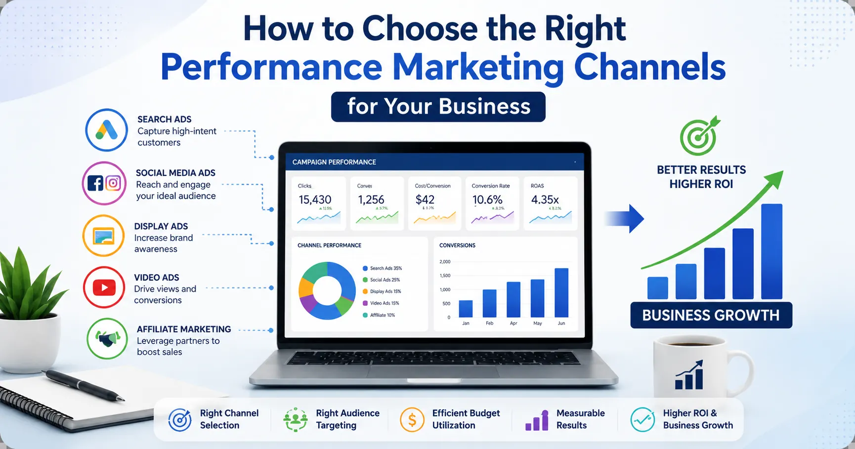 Performance marketing channels for business, including search, social, display, video, affiliate marketing, ROI and growth.