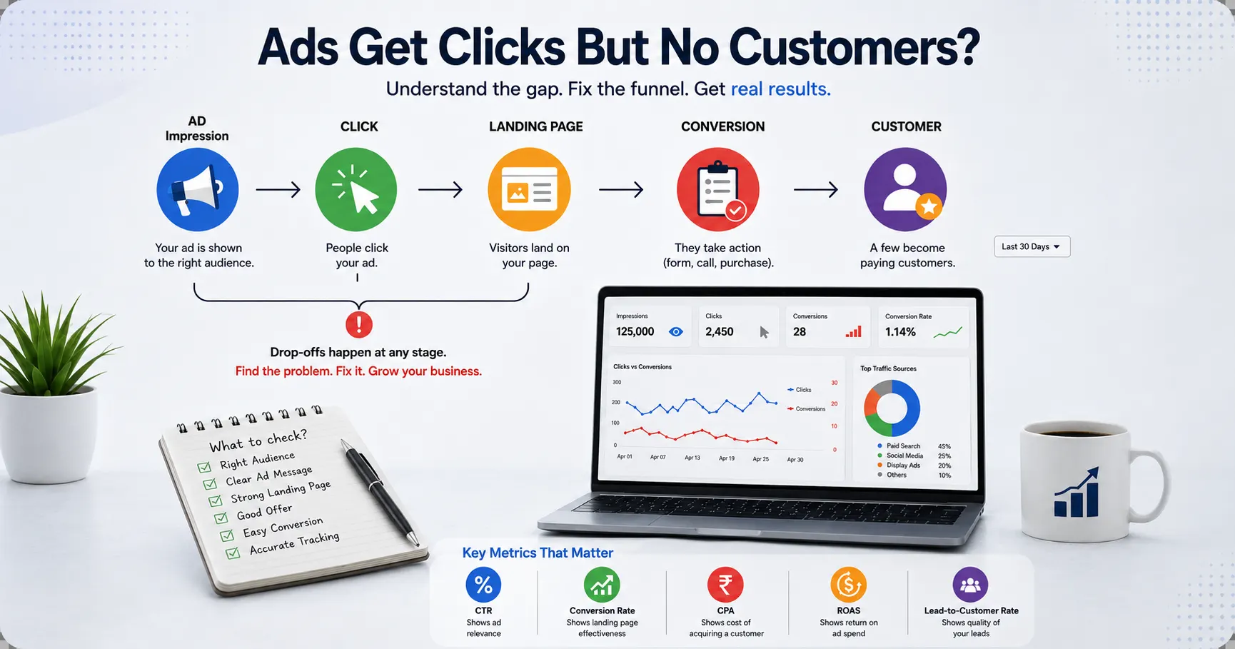 Infographic showing why ads get clicks but no customers, with ad funnel, landing page, conversions, and key metrics.