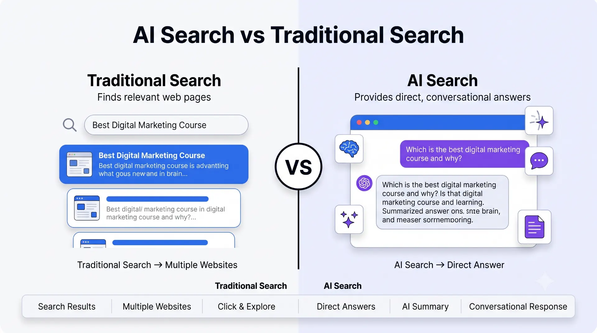 Comparison of AI Search and Traditional Search showing direct AI answers versus search engine results